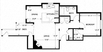 Floor plan for 1 bed, 1 bath, 780 sqft